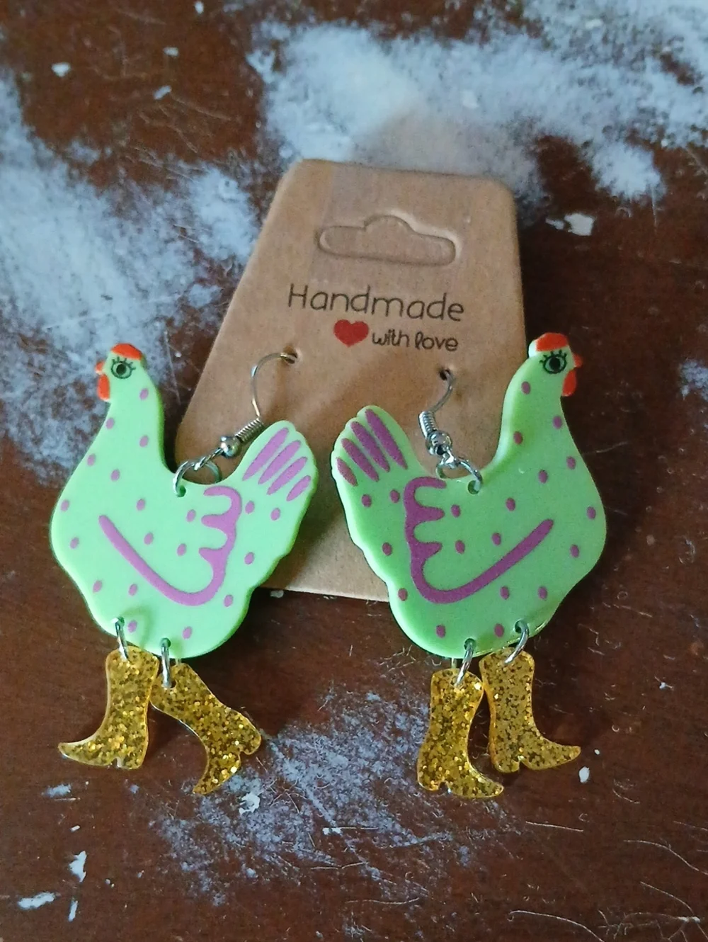 Green Chicken Dangle Earrings in Gold Boots CUTE & UNIQUE! NWT on Card!